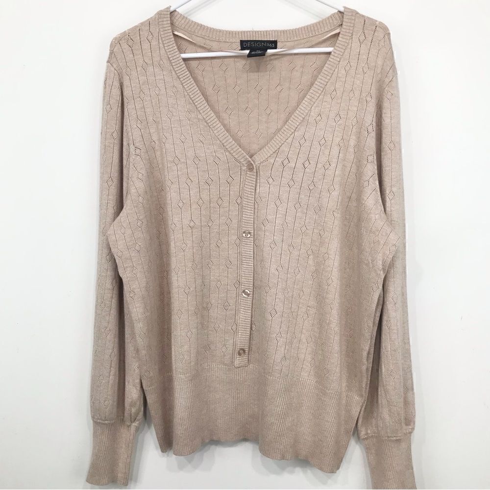 Design 365 Safari Tan Faux Button V Neck Pullover Knit Sweater NEW